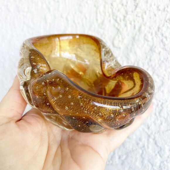 VTG Murano Amber Bowl Hand Mouth Blown Glass Laid in Bubbles Ashtray Dish Heavy - Picture 1 of 11